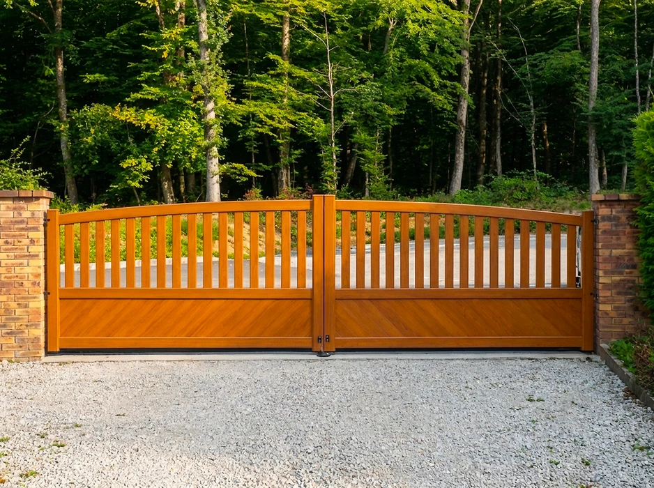 Pergola bioclimatique adossée à une maison, entièrement fermée par des stores verticaux coulissants en toile technique grise