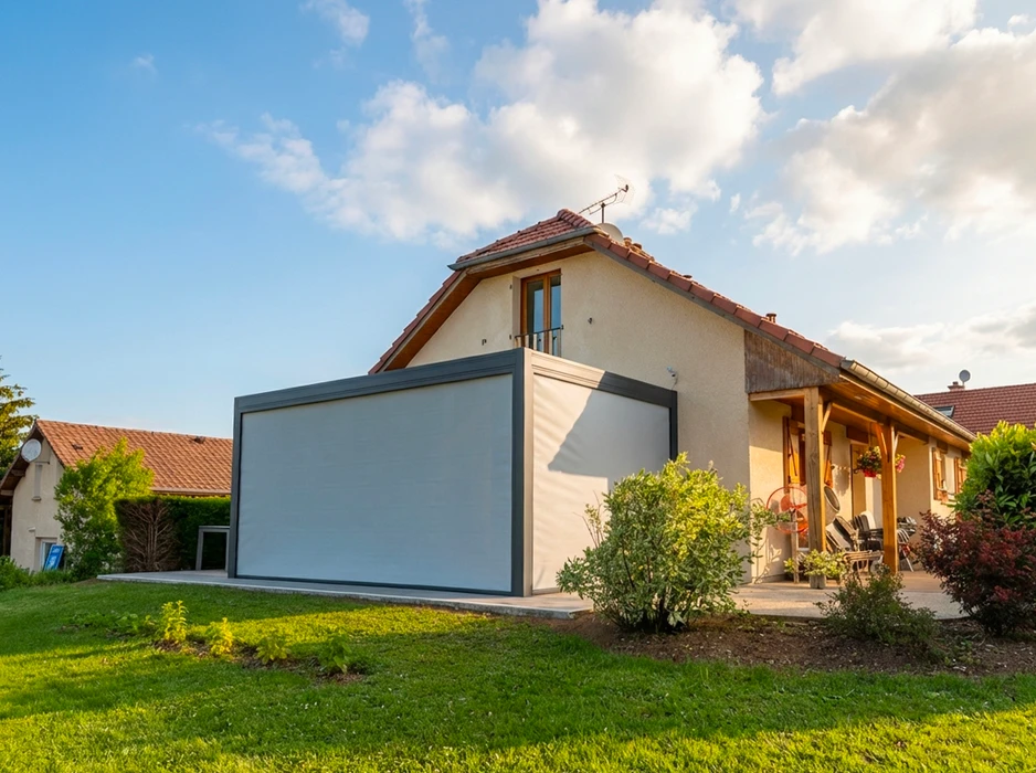 Terrasse extérieure moderne avec pergola bioclimatique à lames orientables en aluminium anthracite, fixée en applique sur façade enduite blanche