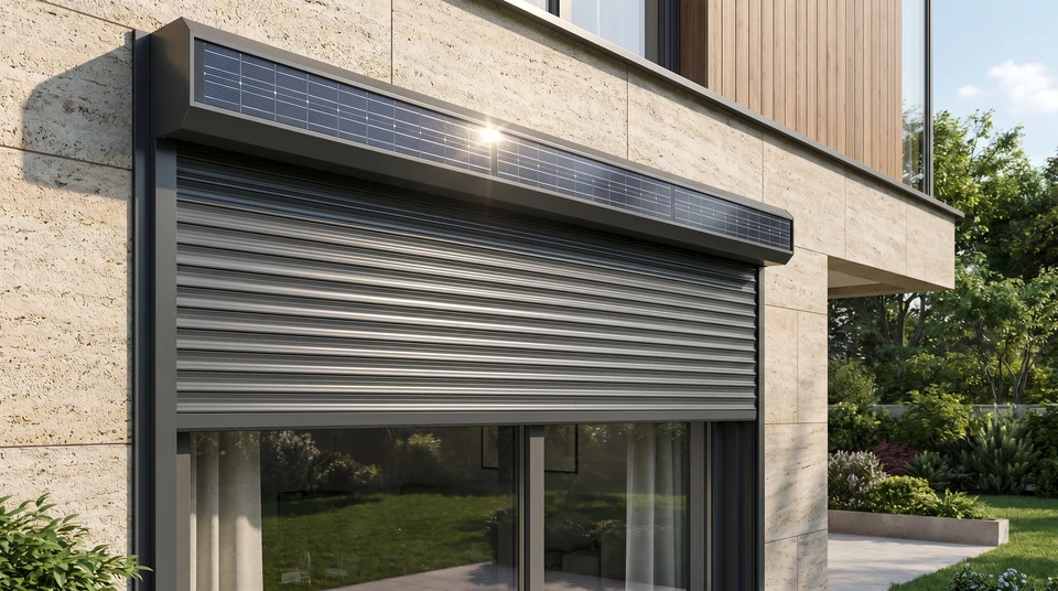 Gros plan sur une façade résidentielle moderne montrant des volets roulants fermés avec un rendu de technologie solaire intégrée, visibles sur la surface des volets (capteurs solaires discrets). La scène doit mettre l'accent sur les volets eux-mêmes, éventuellement avec une partie de la toiture ensoleillée en arrière-plan, illustrant la conversion de l'énergie solaire en alimentation autonome des fermetures.