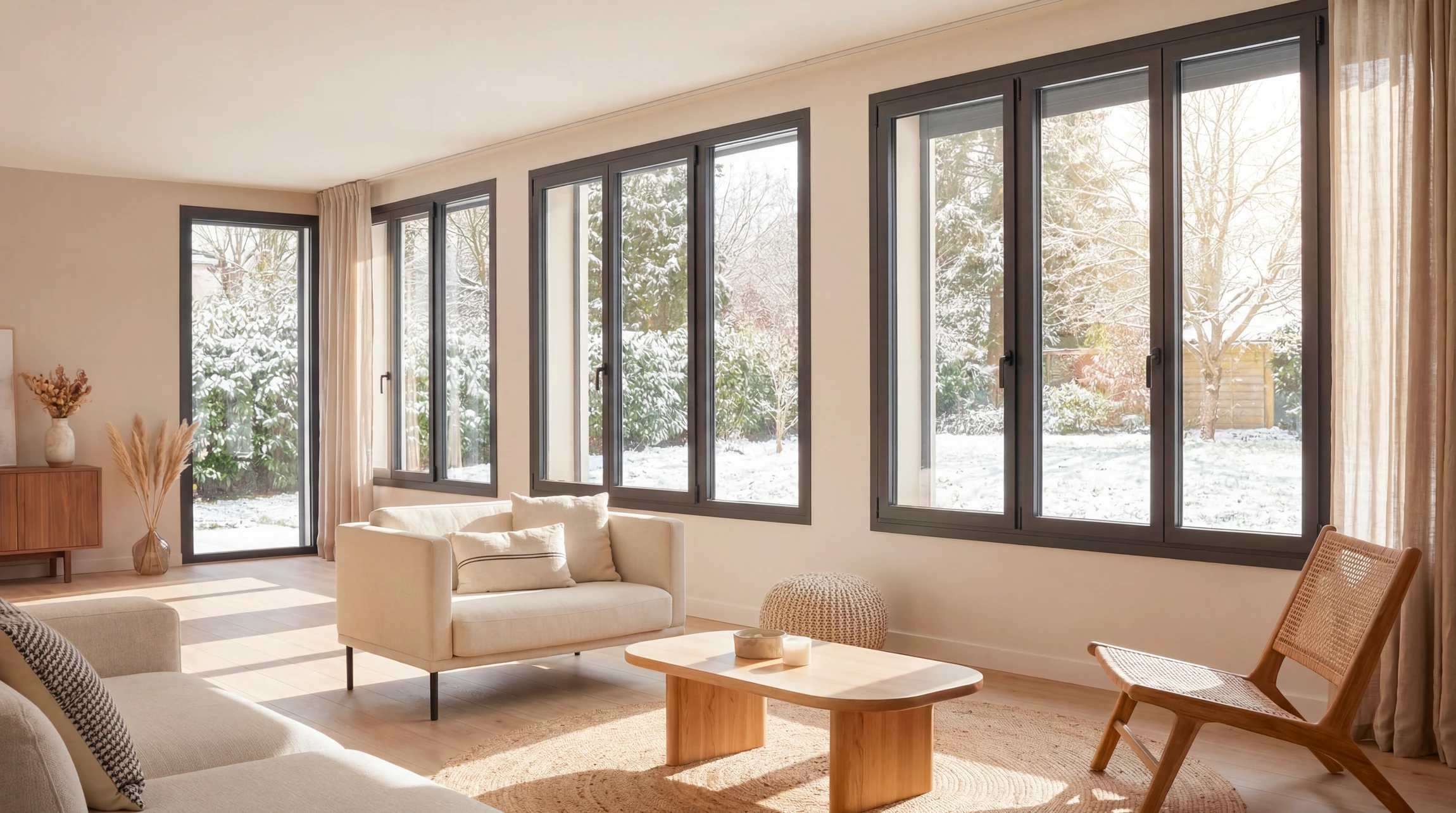 Intérieur moderne avec fenêtres PVC blanches à double vantaux ouverts, équipées de volets roulants électriques intégrés